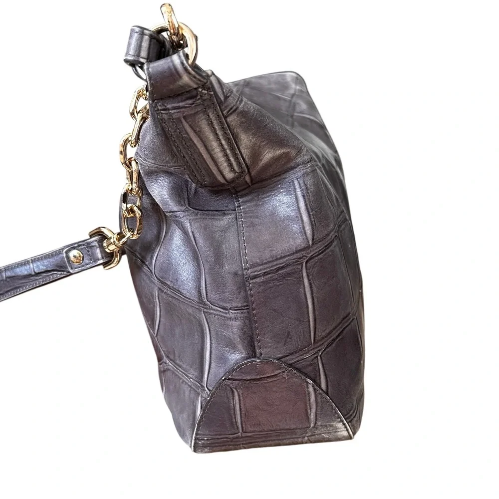 Brahmin Grey Croc Embossed‎ Leather Shoulder Bag Gold Chain Tassel Accent